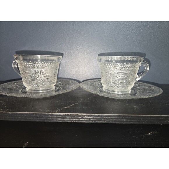 Vintage Indiana Glass Sandwich Clear Set Of 2 Tea Cups With Saucers - Picture 1 of 9